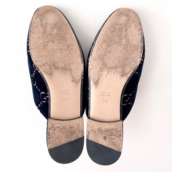 GUCCI | Navy GG Monogram Velvet Princetown Mules Horsebit Loafers Slip On 37.5 - Picture 9 of 9